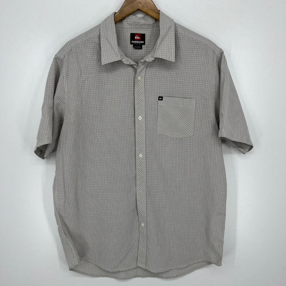 Quiksilver Short Sleeve Button Shirt Men's XL Gray Beige Check Print Vtg Y2K
